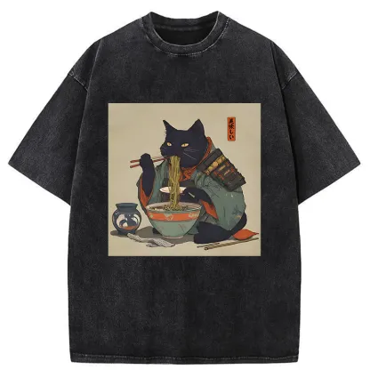 Tokyo-Tiger Cat Warrior Eating Ramen Washed T-Shirt