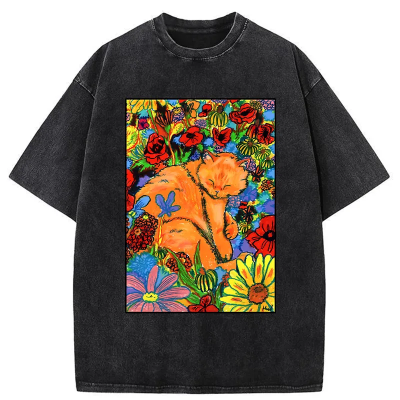 Tokyo-Tiger Colorful Orange Cats And Flowers Washed T-Shirt