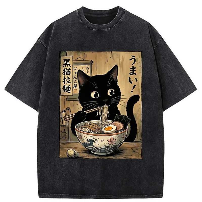 Tokyo-Tiger Black Cat Eats Delicious Japanese Ramen Washed T-Shirt Sale