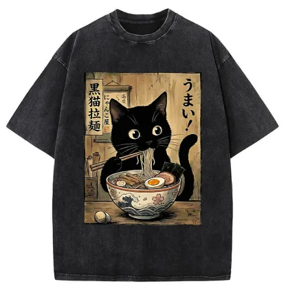 Tokyo-Tiger Black Cat Eats Delicious Japanese Ramen Washed T-Shirt