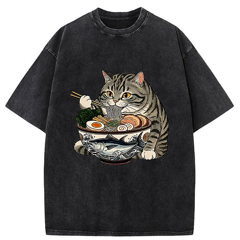 Tokyo-Tiger Fat Cat Eats Delicious Japanese Ramen Washed T-Shirt