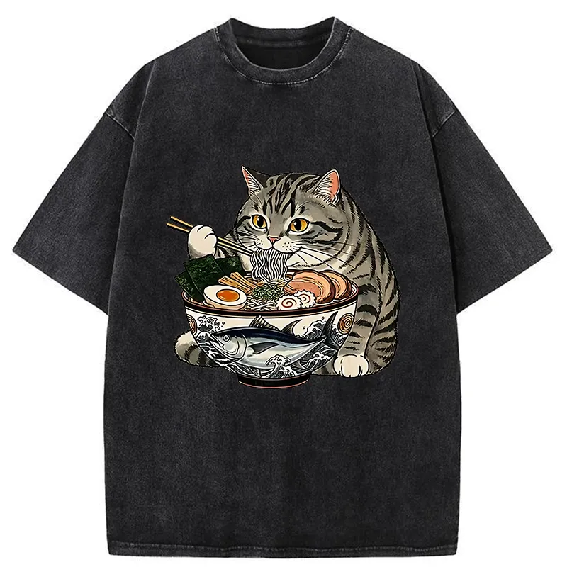 Tokyo-Tiger Fat Cat Eats Delicious Japanese Ramen Washed T-Shirt