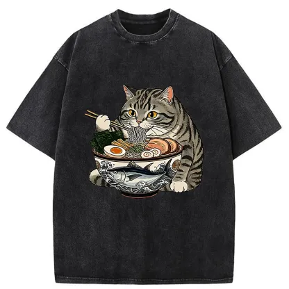 Tokyo-Tiger Fat Cat Eats Delicious Japanese Ramen Washed T-Shirt