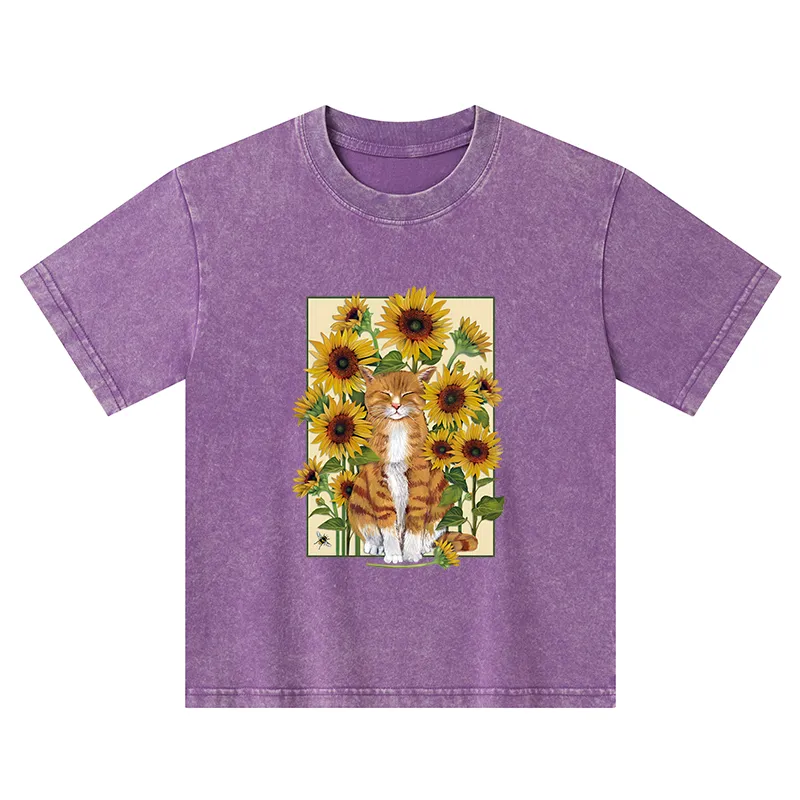 Tokyo-Tiger Sunflower And Orange Cat Kids Washed T-Shirt