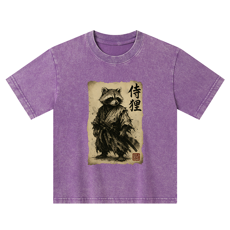 Tokyo-Tiger Retro Raccoon Samurai Kids Washed T-Shirt