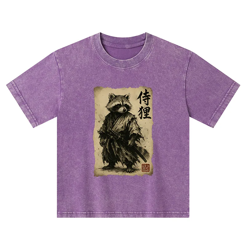 Tokyo-Tiger Retro Raccoon Samurai Kids Washed T-Shirt