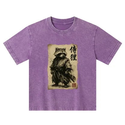Tokyo-Tiger Retro Raccoon Samurai Kids Washed T-Shirt