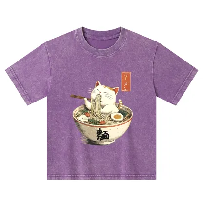 Tokyo-Tiger White Cat Eating Ramen Japan Kids Washed T-Shirt