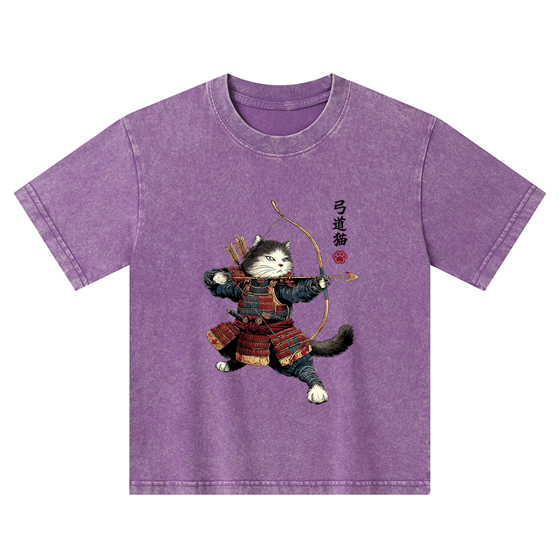 Tokyo-Tiger Kyudo Samurai Cat Kids Washed T-Shirt