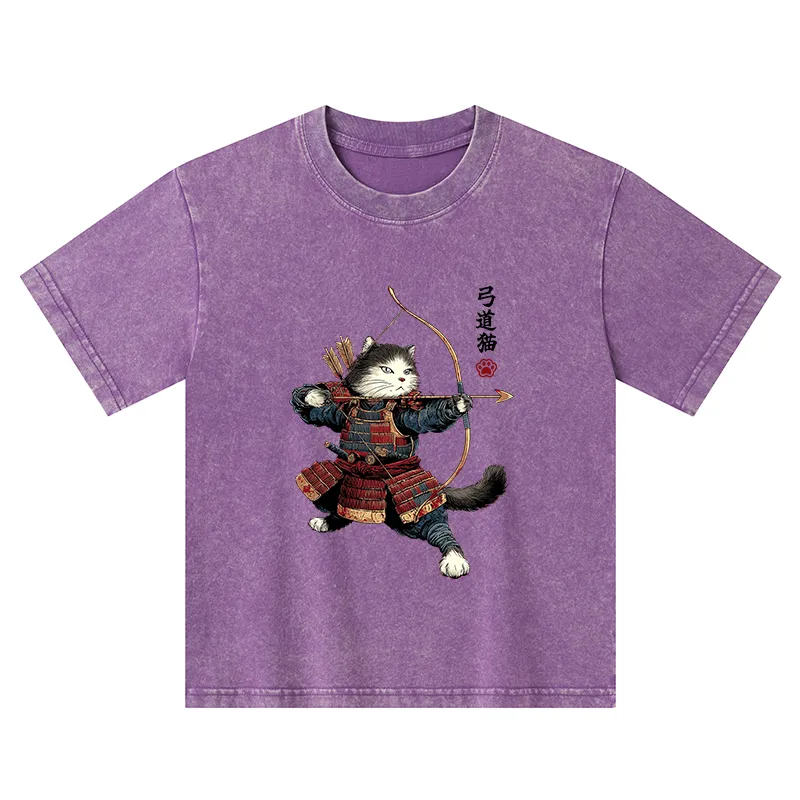 Tokyo-Tiger Kyudo Samurai Cat Kids Washed T-Shirt