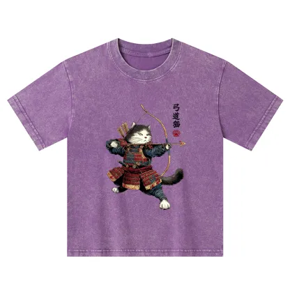 Tokyo-Tiger Kyudo Samurai Cat Kids Washed T-Shirt