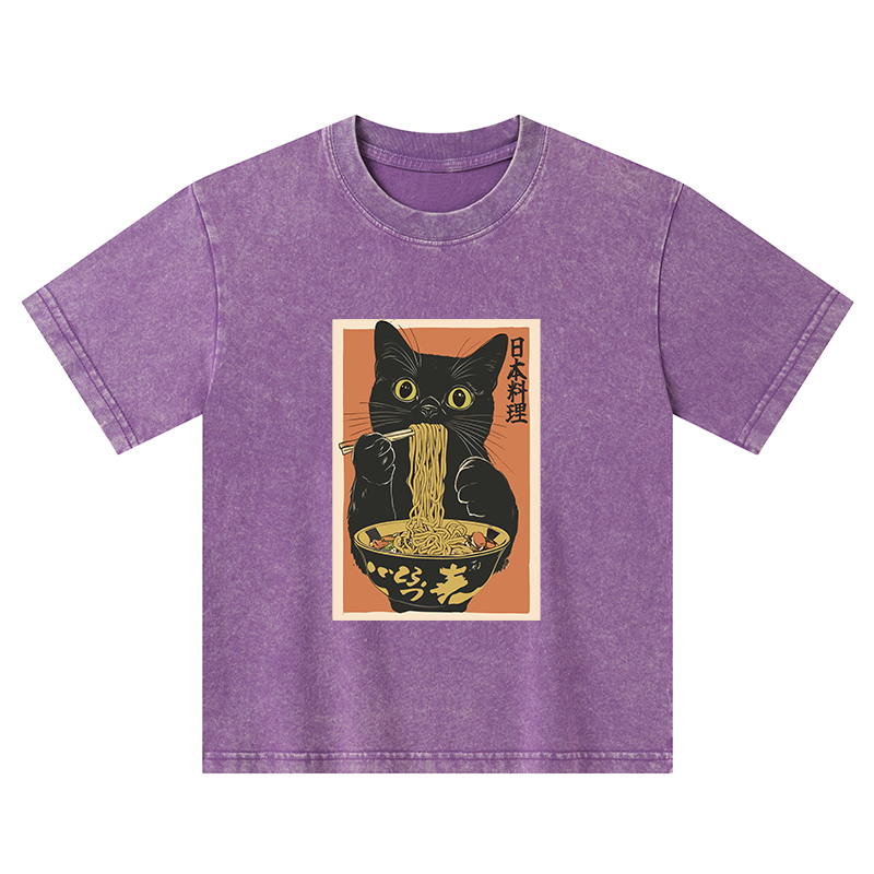 Tokyo-Tiger Black Cat Eats Japan Ramen Kids Washed T-Shirt