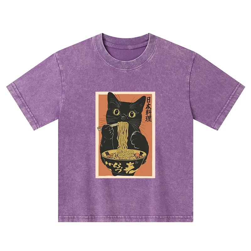 Tokyo-Tiger Black Cat Eats Japan Ramen Kids Washed T-Shirt