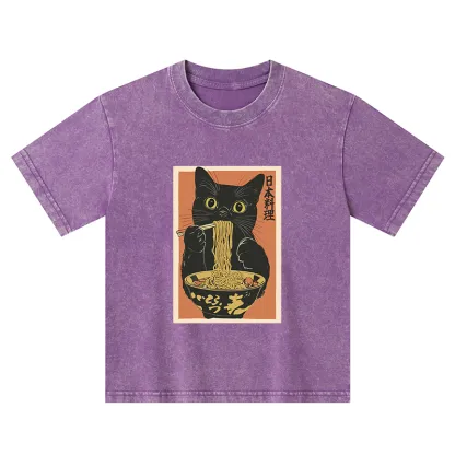 Tokyo-Tiger Black Cat Eats Japan Ramen Kids Washed T-Shirt