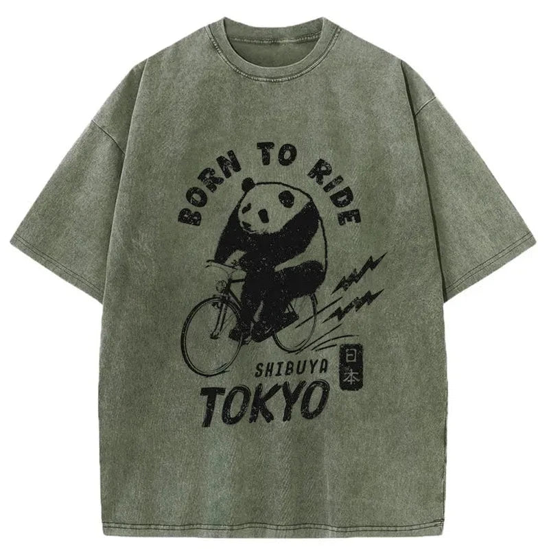 Tokyo-Tiger Pandas Ride Bicycles Washed T-Shirt