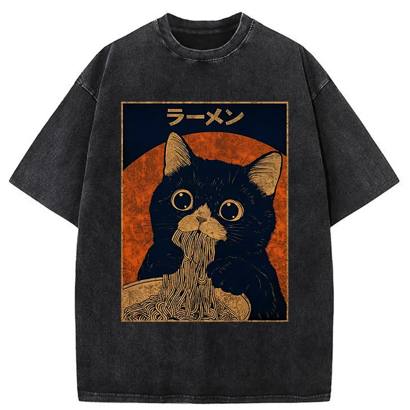 Tokyo-Tiger Retro Black Cat Eats Delicious Ramen Washed T-Shirt