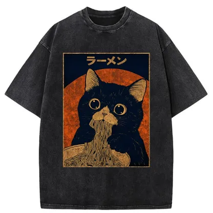 Tokyo-Tiger Retro Black Cat Eats Delicious Ramen Washed T-Shirt
