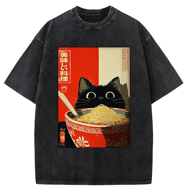 Tokyo-Tiger Cat Eats A Large Portion Of Ramen Washed T-Shirt