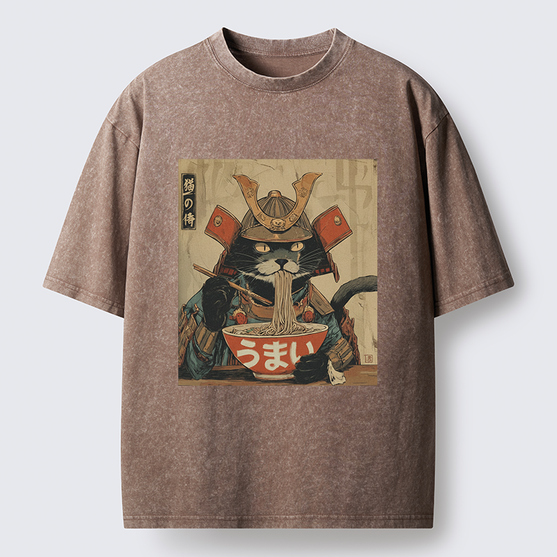 Tokyo-Tiger Cat Japanese Samurai Eating Ramen Washed T-Shirt
