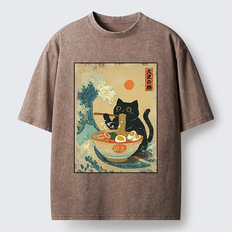 Tokyo-Tiger Cat Eats A Large Portion Of Ramen Washed T-Shirt
