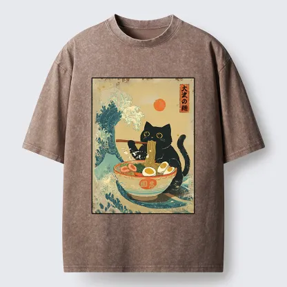 Tokyo-Tiger Cat Eats A Large Portion Of Ramen Washed T-Shirt