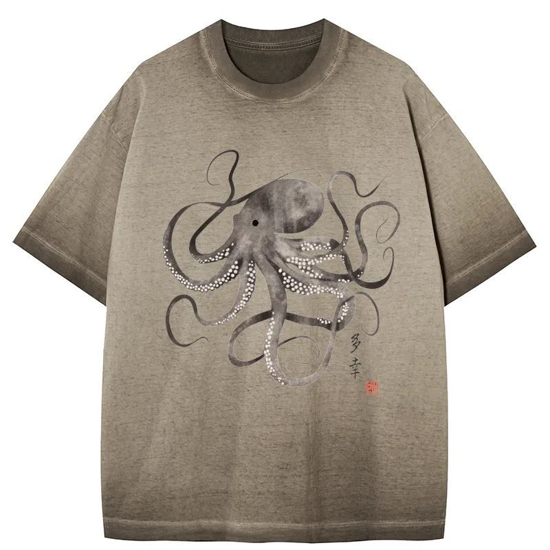 Tokyo-Tiger Octopus Japanese Calligraphy Gradient Washed T-Shirt Sale