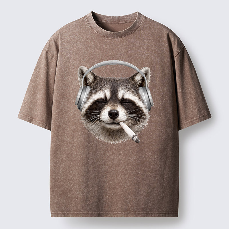 Tokyo-Tiger Raccoon Listening To Music Now Washed T-Shirt