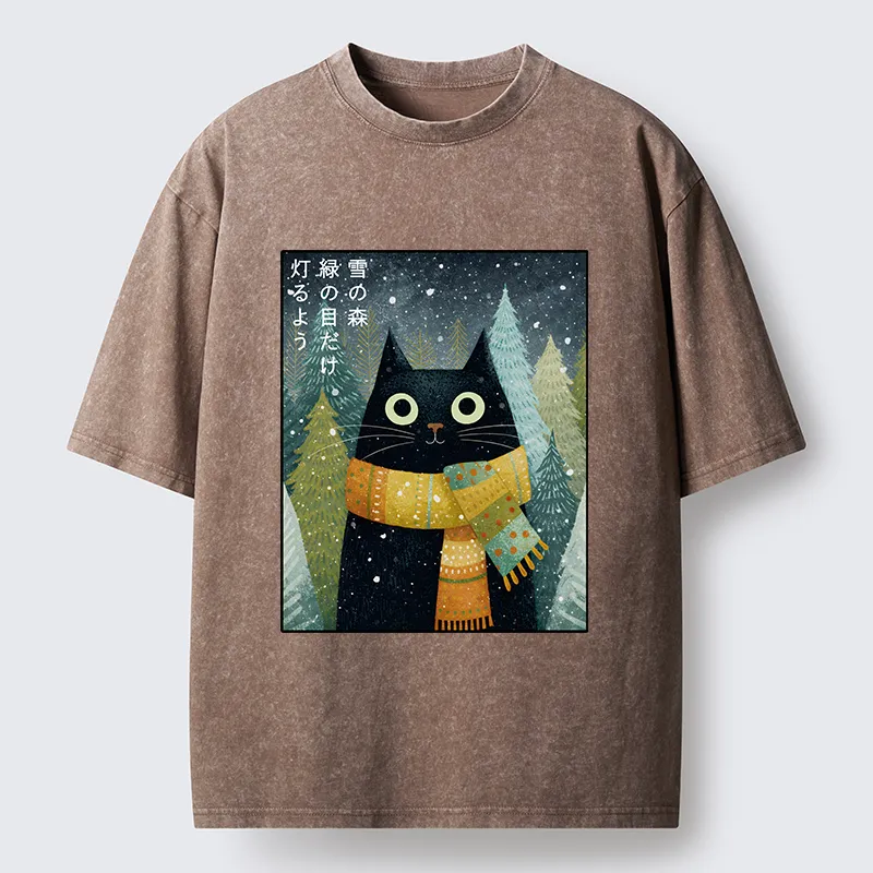 Tokyo-Tiger Black Cat With Green Eyes Washed T-Shirt