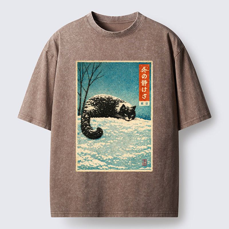 Tokyo-Tiger A Cat In Winter Silence Washed T-Shirt