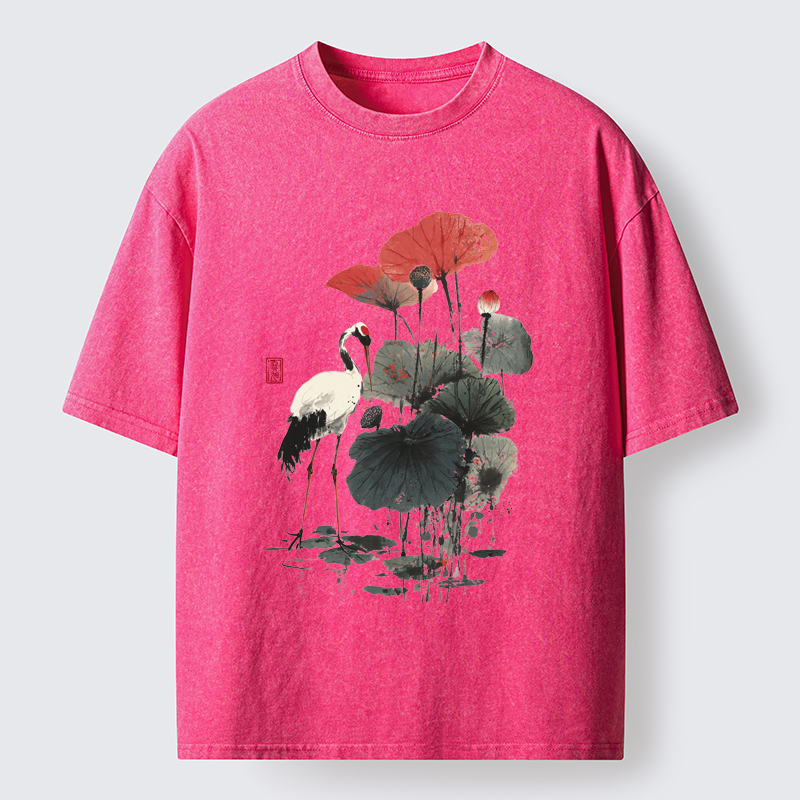 Tokyo-Tiger White Crane Among Lotus Washed T-Shirt