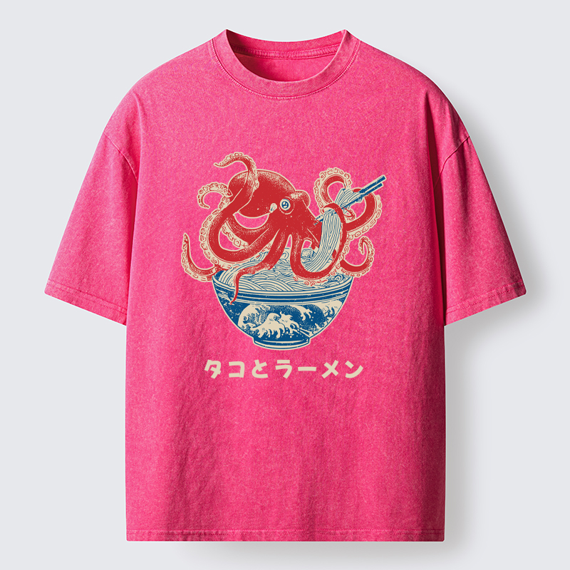 Tokyo-Tiger Octopus Eating Ramen Washed T-Shirt