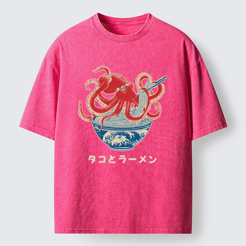 Tokyo-Tiger Octopus Eating Ramen Washed T-Shirt