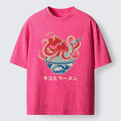 Tokyo-Tiger Octopus Eating Ramen Washed T-Shirt