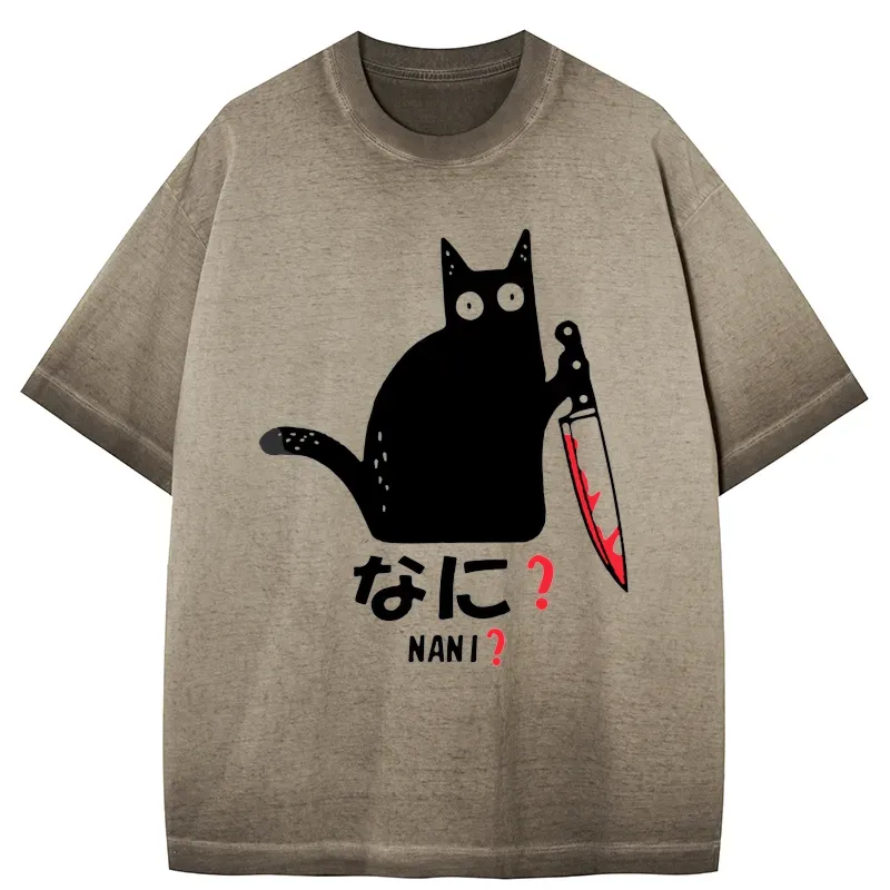 Tokyo-Tiger A Puzzled Cat Holding A Knife Gradient Washed T-Shirt