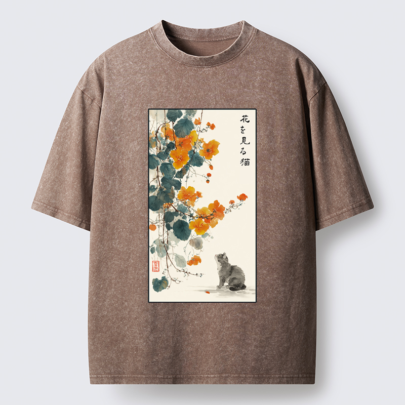 Tokyo-Tiger A Cat Watching Flowers Washed T-Shirt