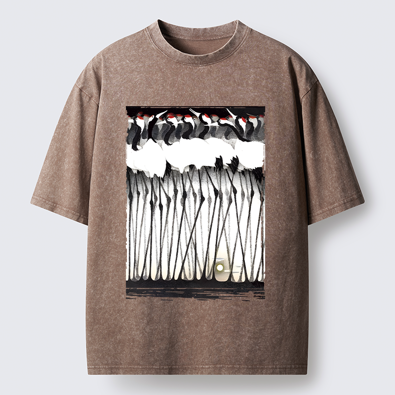 Tokyo-Tiger Crane Flock Ancient Painting Washed T-Shirt