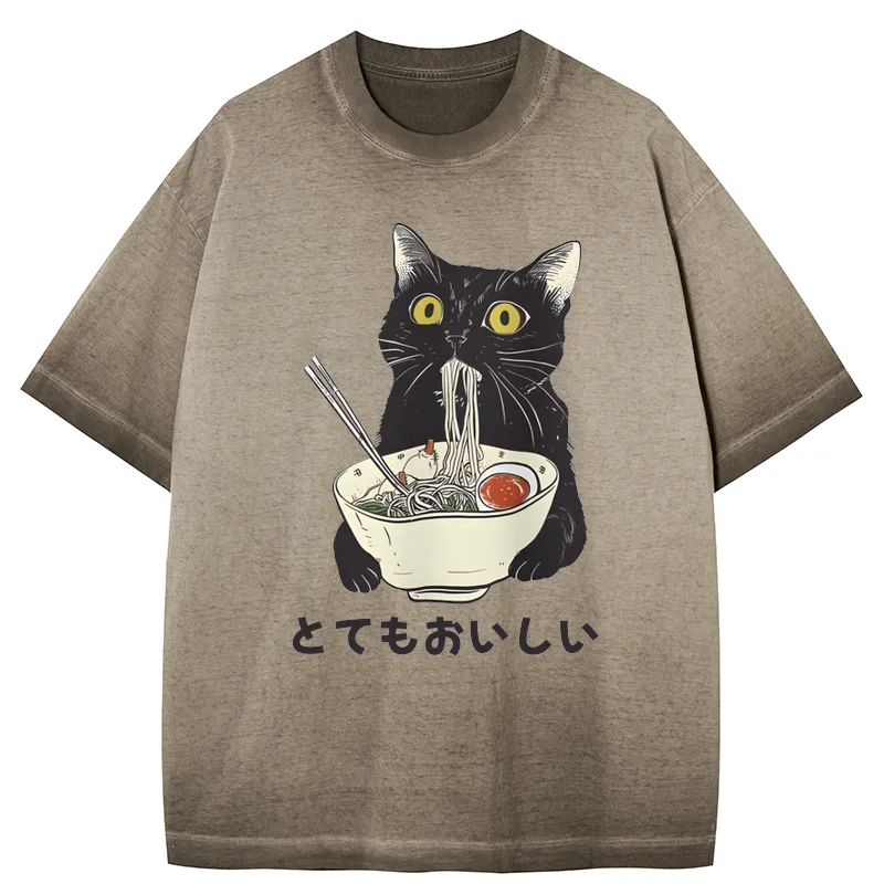 Tokyo-Tiger Cats Eat Ramen Noodles Gradient Washed T-Shirt Sale