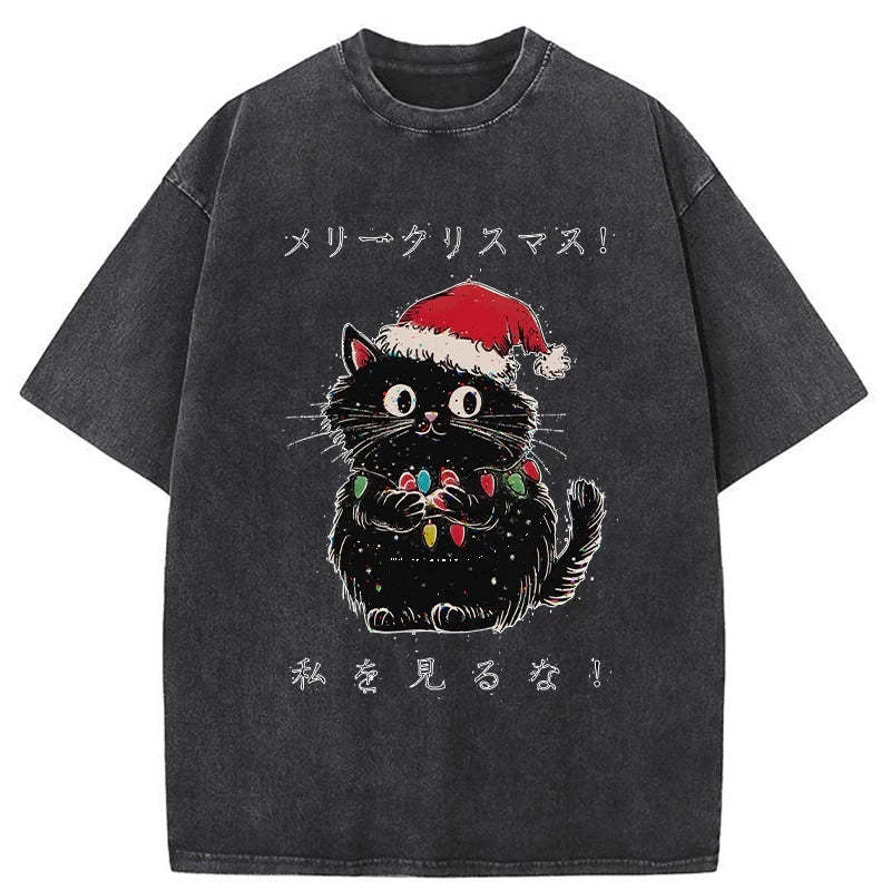 Tokyo-Tiger Black Cat Merry Fluffmas Washed T-Shirt