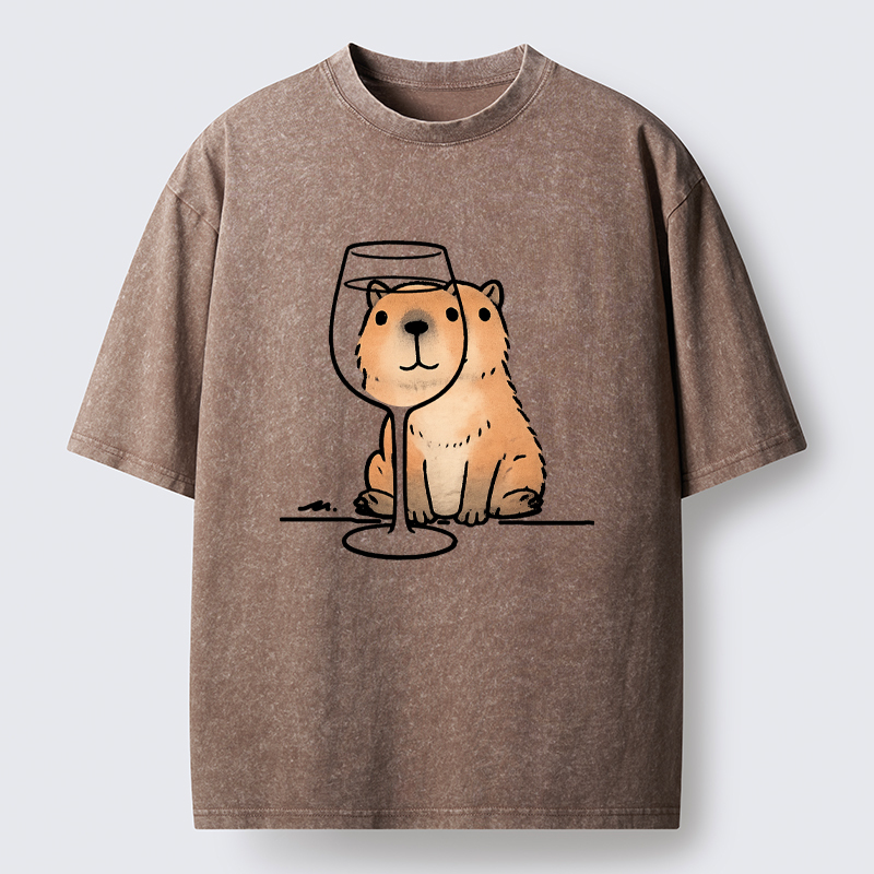 Tokyo-Tiger Capybara With A Glass Washed T-Shirt