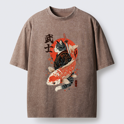 Tokyo-Tiger Samurai Cat And Koi Washed T-Shirt