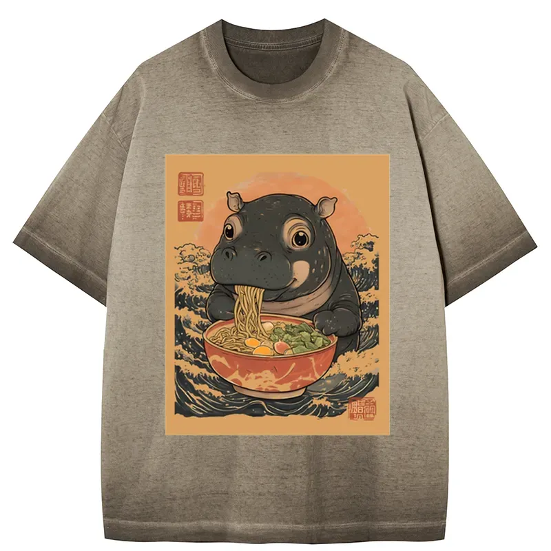 Tokyo-Tiger Moo Deng Eat Ramen Gradient Washed T-Shirt