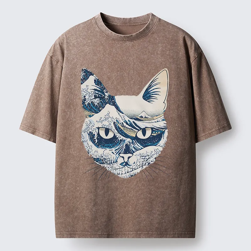 Tokyo-Tiger Ukiyo-e Waves And Cats Washed T-Shirt