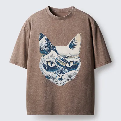 Tokyo-Tiger Ukiyo-e Waves And Cats Washed T-Shirt