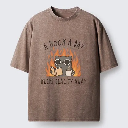 Tokyo-Tiger Escaping Reality Through Books Washed T-Shirt