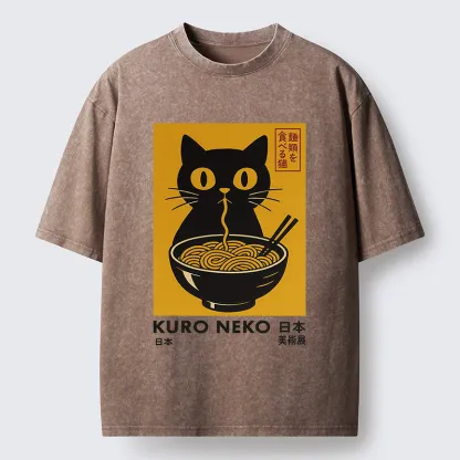 Tokyo-Tiger Cat Eating Ramen Poster Washed T-Shirt