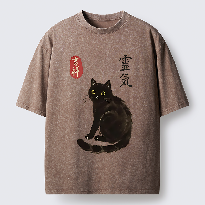 Tokyo-Tiger Japanese Black Cat Washed T-Shirt