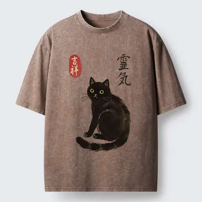 Tokyo-Tiger Japanese Black Cat Washed T-Shirt