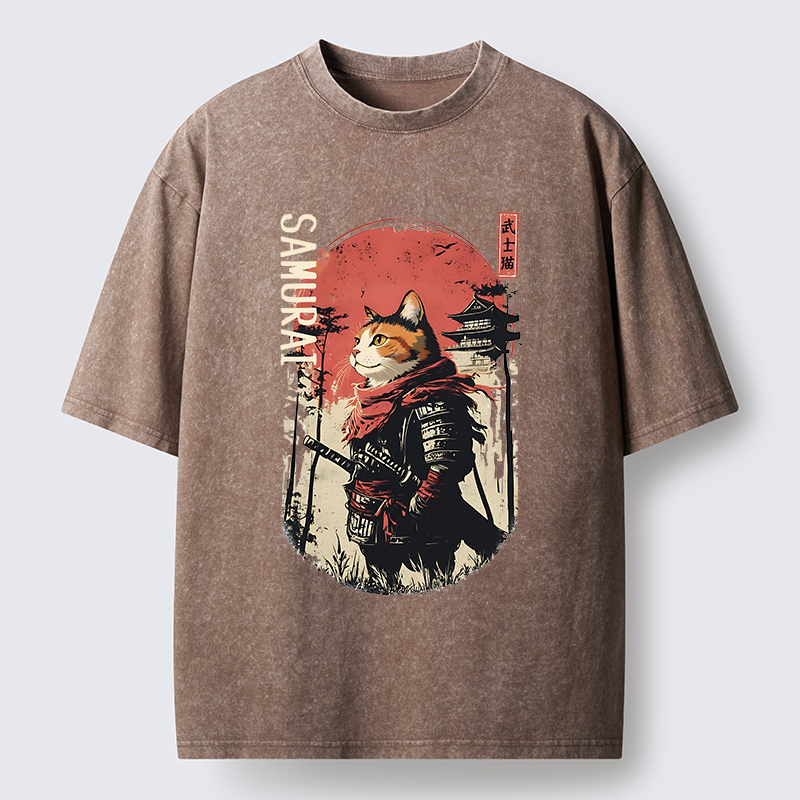 Tokyo-Tiger Lonely Cat Japanese Samurai Washed T-Shirt