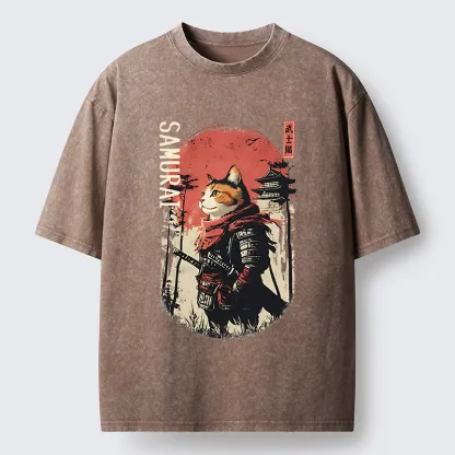 Tokyo-Tiger Lonely Cat Japanese Samurai Washed T-Shirt