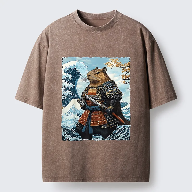 Tokyo-Tiger Capybara Japanese Samurai  And Waves Washed T-Shirt